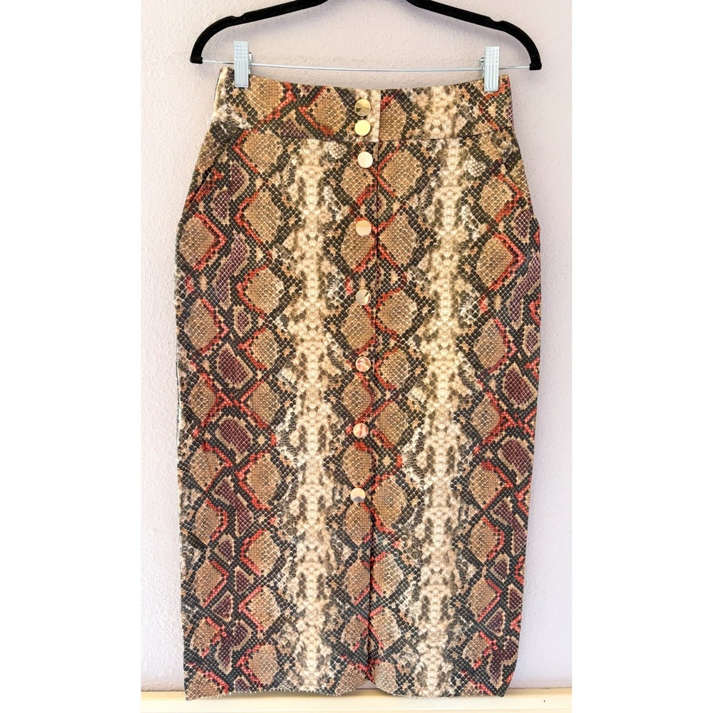 Zara Womens Faux Leather Snakeskin Print Midi Pencil Skirt Gold Buttons Size M